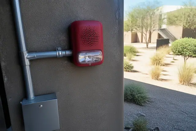 Fire alarm horn-strobe device mounted on a wall with conduit in Phoenix, AZ.