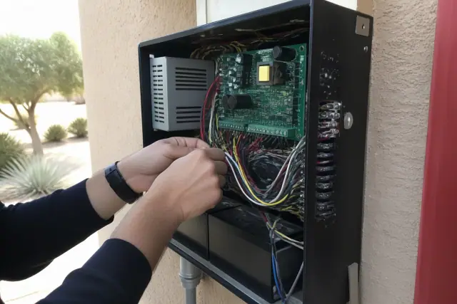 Technician wiring a fire alarm control panel cabinet in Phoenix, AZ.