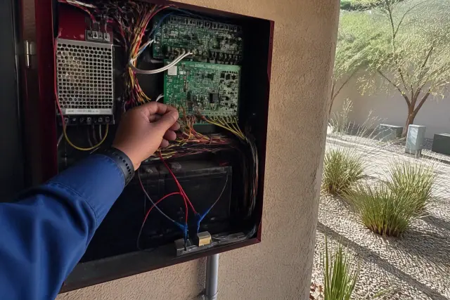 Technician wiring a fire alarm control panel on a stucco wall in Phoenix, AZ.