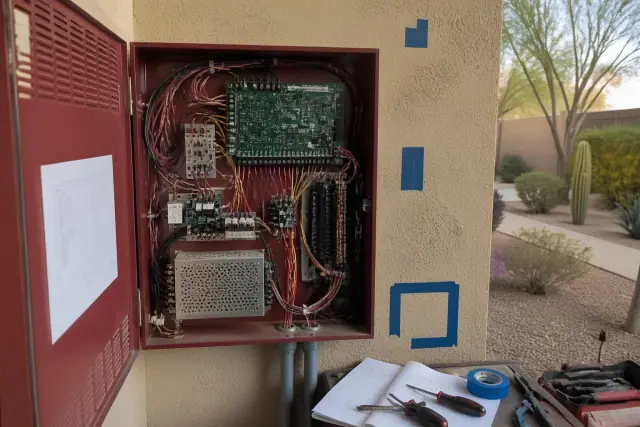Technician hands wiring a fire alarm control panel cabinet during a site assessment in Phoenix, AZ.