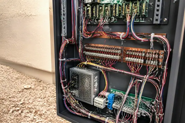 Open fire alarm control panel with organized wiring and industrial components at a jobsite in Phoenix, AZ.