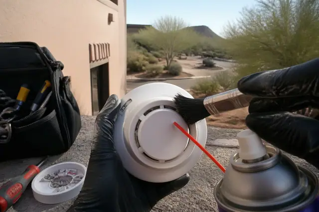 Technician cleaning and recalibrating a smoke detector sensor on a ceiling in Phoenix, AZ.