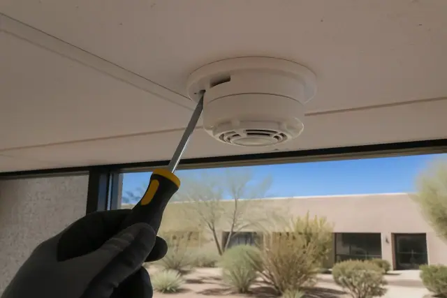 Technician installing a smoke detector on a commercial ceiling at a job site in Phoenix, AZ.