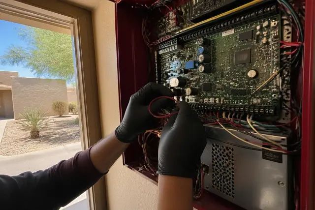 Technician using a jumper wire to test circuits in a fire alarm panel in Phoenix, AZ.