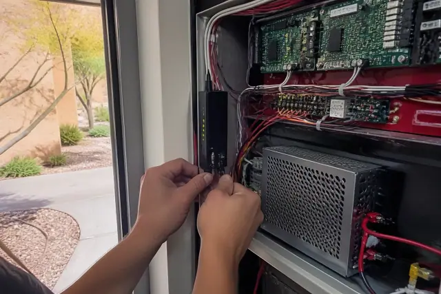 Technician wiring a fire alarm control panel with a cellular communicator in Phoenix, AZ.