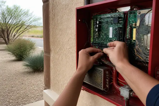 Technician hands wiring a fire alarm control panel cabinet on a stucco wall in Phoenix, AZ.