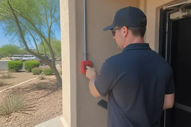 Technician inspecting a manual fire alarm pull station on a stucco wall at a job site in Phoenix, AZ.