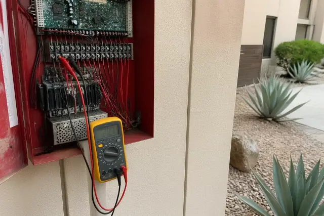 Multimeter probes testing a fire alarm terminal block at a commercial building in Scottsdale, AZ.
