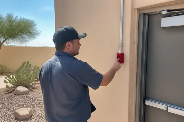 Technician inspecting a red fire alarm pull station on a stucco wall in Peoria, AZ.