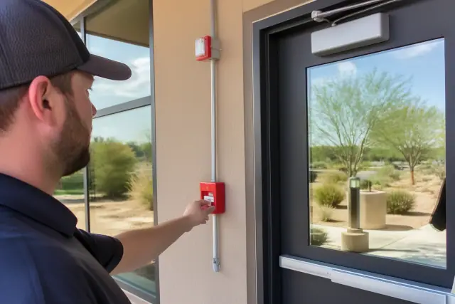 Technician inspecting a red manual fire alarm pull station on a stucco wall in Chandler, AZ.
