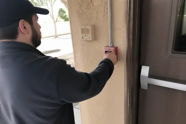 Technician inspecting a red fire alarm pull station on a stucco wall during a system test in Tempe, AZ.
