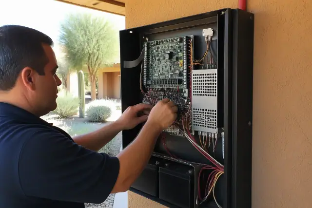 Technician wiring a fire alarm control panel on a stucco wall at a jobsite in Phoenix, AZ.