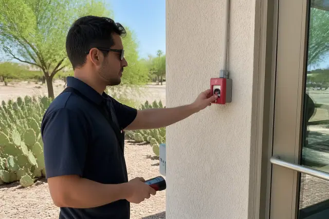 Technician performing a fire alarm pull station inspection at a building in Gilbert, AZ.