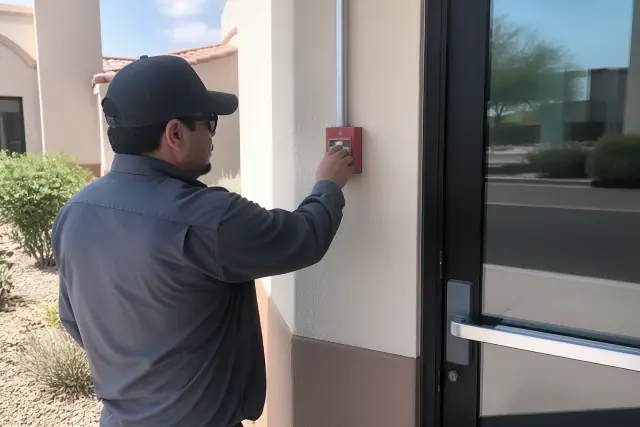 Technician inspecting a manual fire alarm pull station on a building exterior in Glendale, AZ.