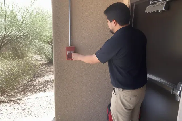 Technician inspecting a red fire alarm pull station on a stucco wall at a job site in Avondale, AZ.