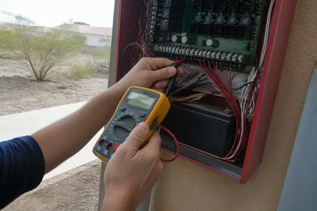 Technician using a multimeter to test a fire alarm system terminal block during maintenance in Peoria, AZ.