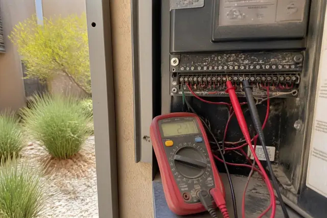 Technician using a multimeter to test voltage at a fire alarm terminal block during maintenance in Chandler, AZ.
