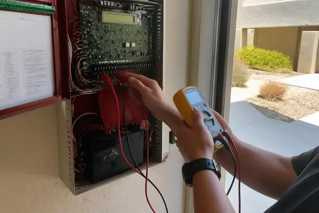 Technician using a multimeter to test voltage at a fire alarm system terminal block in Phoenix, AZ.