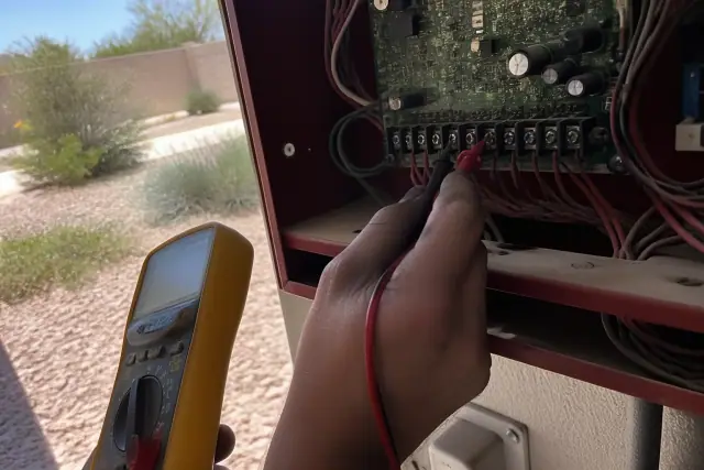 Technician using a multimeter to test a fire alarm system terminal block during maintenance in Mesa, AZ.