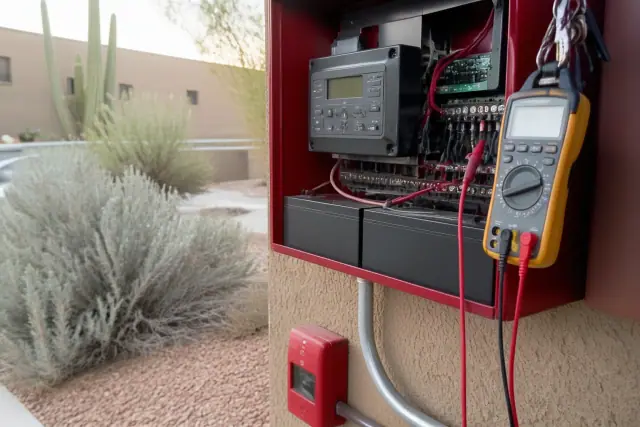 Technician using a multimeter to check a fire alarm terminal block at a Scottsdale, AZ property.