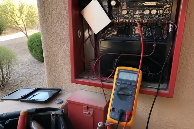 Technician using a multimeter to test a fire alarm system terminal block at a jobsite in Surprise, AZ.