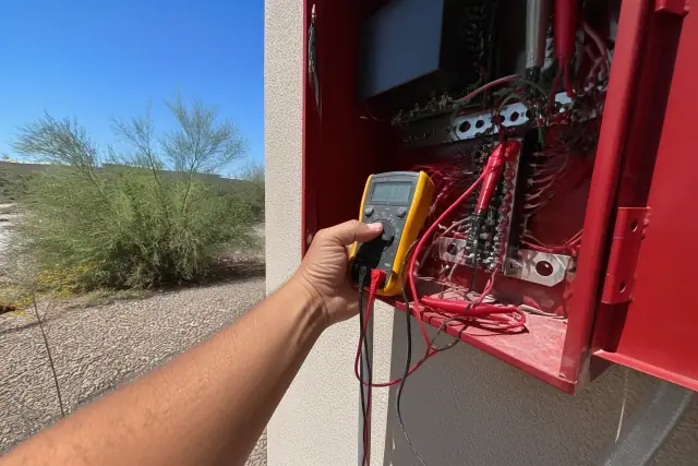 Technician using a multimeter to test a fire alarm system terminal block during maintenance in Avondale, AZ.