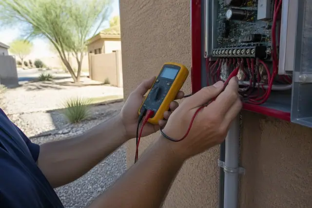Technician using a multimeter to check voltage on a fire alarm terminal block at a jobsite in Gilbert, AZ.