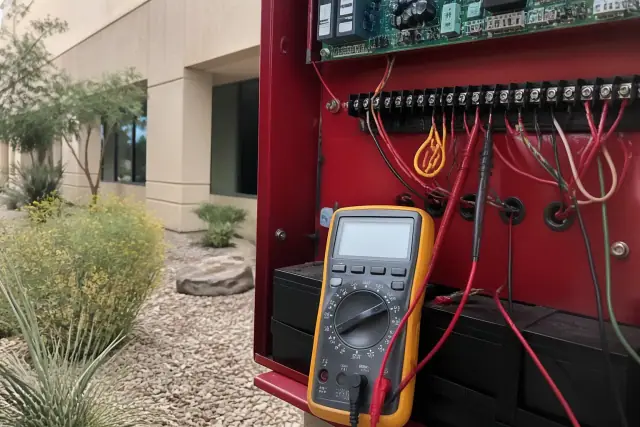 Technician using a multimeter to test a fire alarm system at a commercial building in Tempe, AZ.
