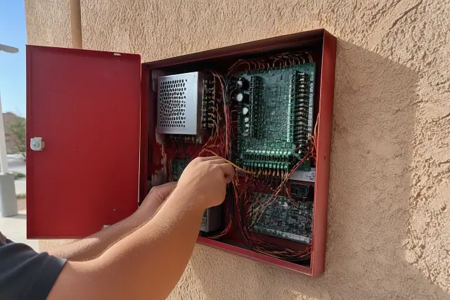 Technician wiring a fire alarm control panel on a stucco wall in Phoenix, AZ.