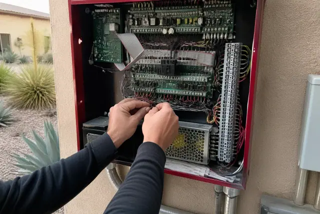 Technician wiring a fire alarm control panel inside a stucco building in Surprise, AZ.
