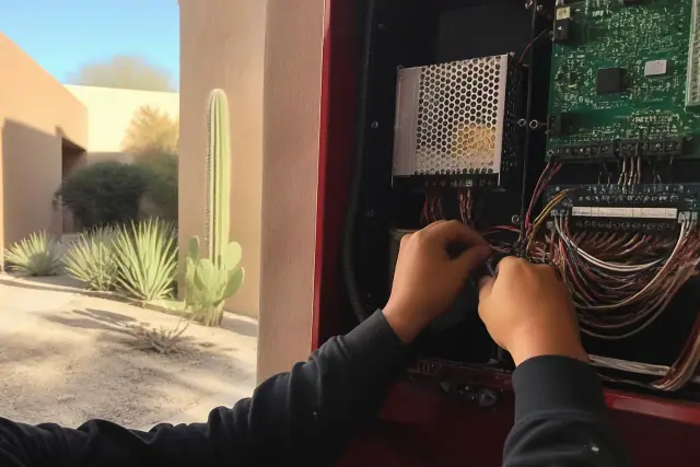 Technician wiring a fire alarm control panel inside a building in Peoria, AZ with desert landscaping visible outside.