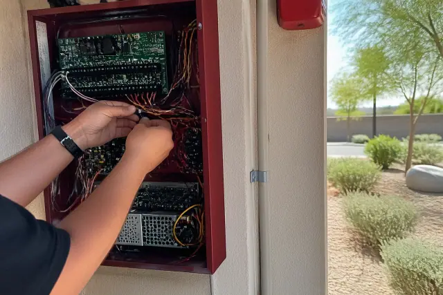 Technician wiring a fire alarm control panel inside a building in Gilbert, AZ.