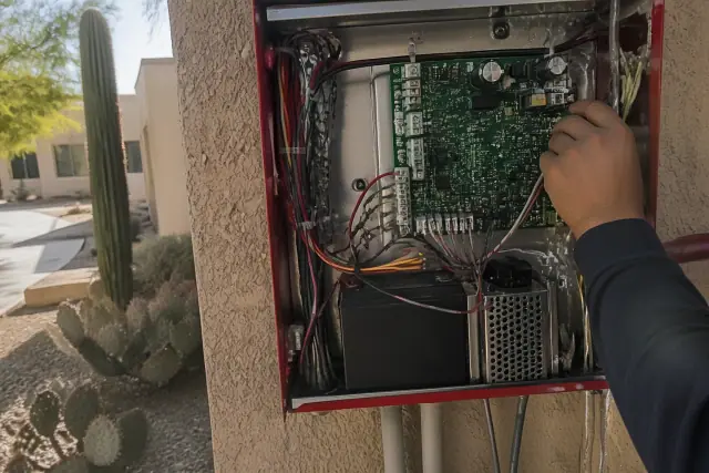 Technician wiring a fire alarm control panel inside a building in Tempe, AZ.