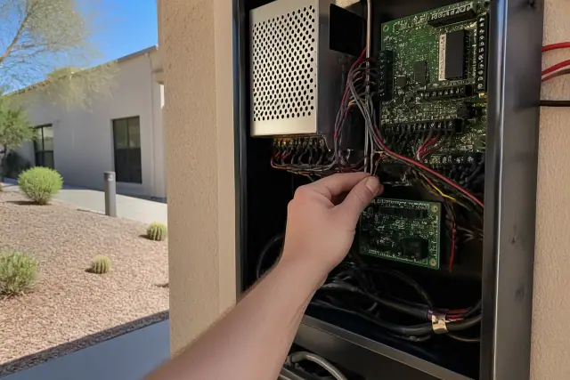Technician wiring a fire alarm control panel in Mesa, AZ, with visible circuits and power supply components.