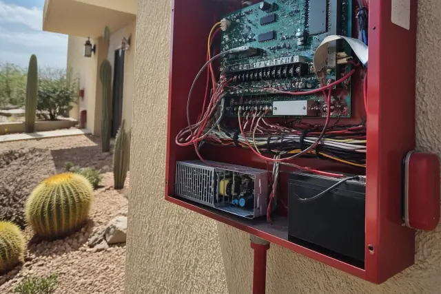 Interior of a wall-mounted fire alarm control panel with wiring in a Scottsdale, AZ building with desert landscaping.
