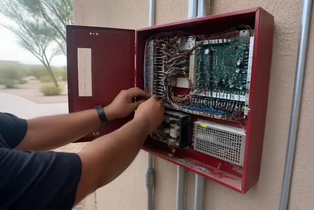 Technician wiring a fire alarm control panel cabinet on a stucco wall in Avondale, AZ.