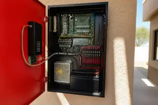 Organized internal wiring and circuit boards inside a fire alarm control panel at a Phoenix, AZ jobsite.