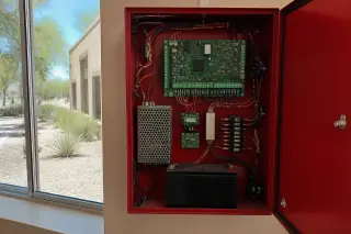 Metal fire alarm control panel cabinet with organized wiring at a building site in Phoenix, AZ.