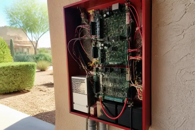 Technician hands wiring a fire alarm control panel during an installation in Phoenix, AZ.