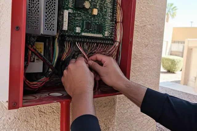 Technician wiring a fire alarm control panel cabinet on a stucco wall in Mesa, AZ.