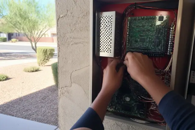 Technician hands wiring a fire alarm control panel cabinet in Surprise, AZ.