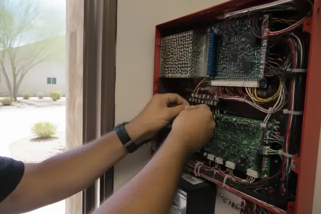 Technician wiring a fire alarm control panel inside a building in Goodyear, AZ.