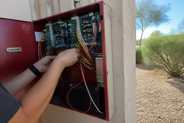Technician wiring a fire alarm control panel during an installation at a jobsite in Chandler, AZ.