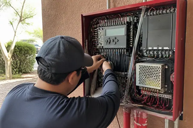 Technician installing a fire alarm control panel at a commercial property in Tempe, AZ.