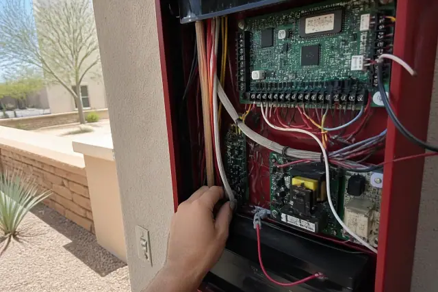 Technician wiring a fire alarm control panel inside a stucco building in Gilbert, AZ.