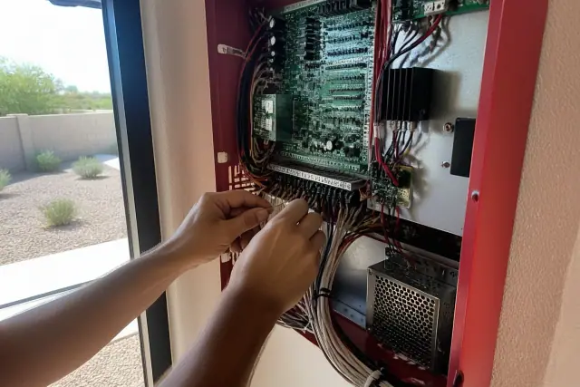 Technician wiring a fire alarm control panel inside a building in Phoenix, AZ.