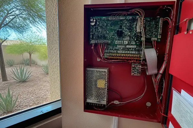 Technician wiring a fire alarm control panel inside a building in Scottsdale, AZ.
