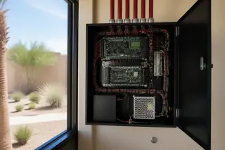 Clean, finished interior of a fire alarm control panel with routed cables at a Phoenix, AZ construction site.