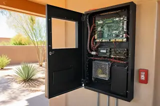Finished fire alarm control panel with internal wiring and circuit boards on a stucco wall in Phoenix, AZ.
