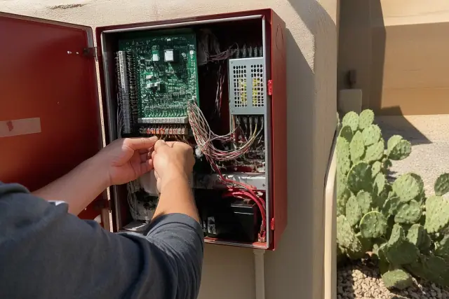 Technician wiring a fire alarm control panel cabinet with visible circuits during an upgrade in Phoenix, AZ.